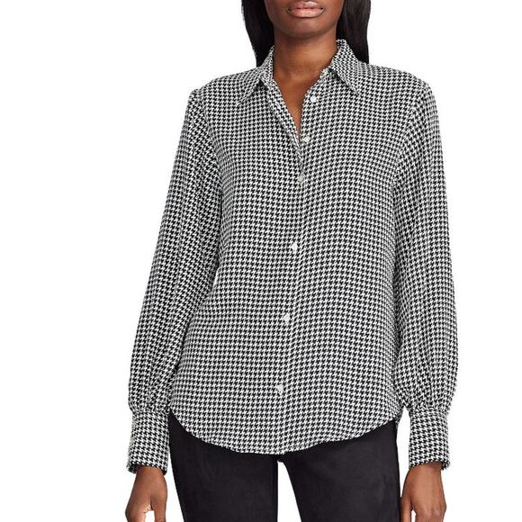 Chaps Women's Black and White Houndstooth Print Button Down Blouse Small - Picture 1 of 7